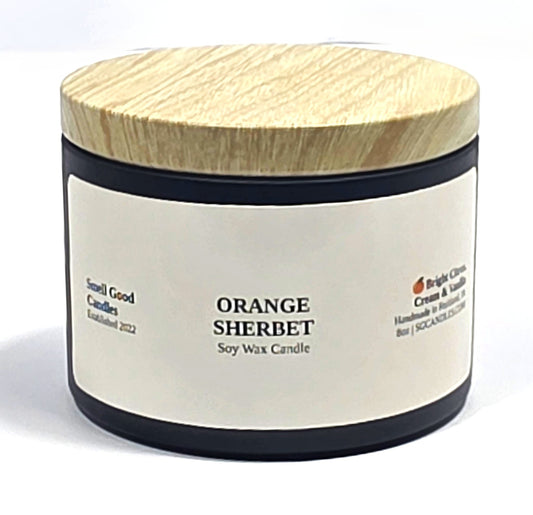 Orange Sherbet 8oz Soy Candle with sweet orange, creamy citrus, and vanilla fragrance notes