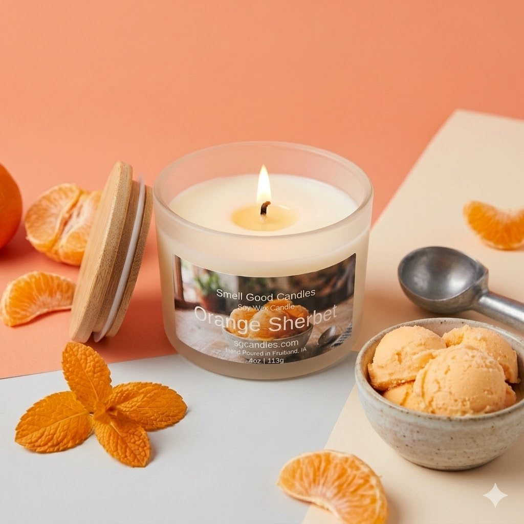Lit "Orange Sherbet" frosted glass jar candle from Smell Good Candles in a citrus-themed flat lay with a bowl of orange sherbet ice cream, a scoop, and fresh mandarin oranges on a split grey and orange background.