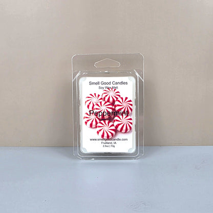Peppermint wax melt package with 'Smell Good Candles' branding on a neutral background