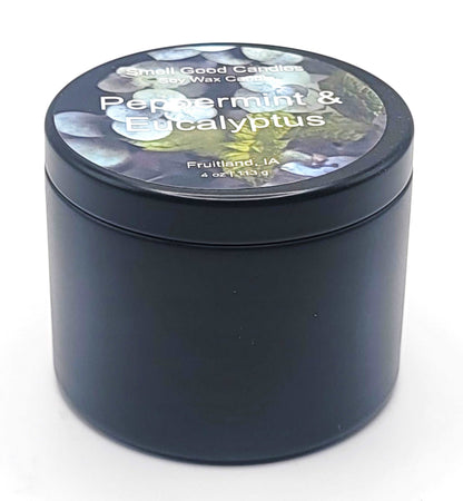 Peppermint and eucalyptus soy candle in minimalist tin