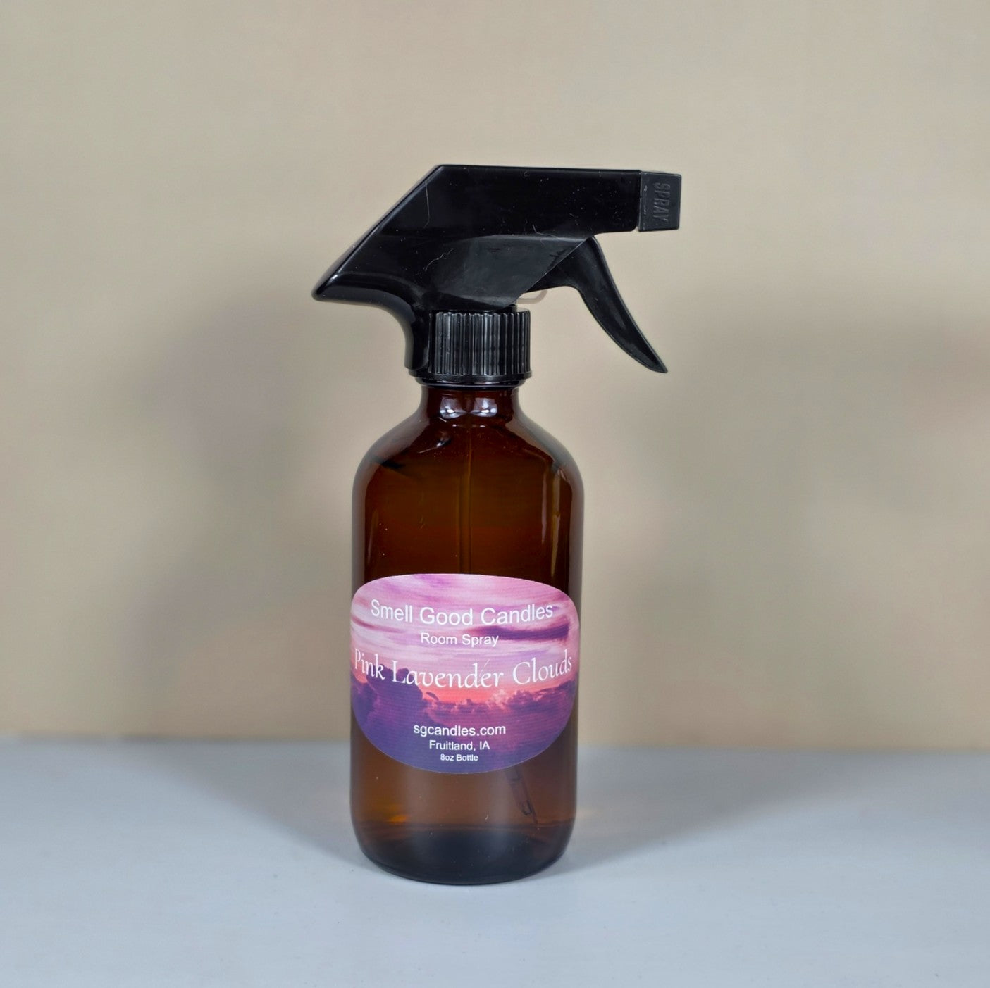 8oz Pink Lavender Clouds room spray bottle with a minimalist label on a clean, modern shelf.