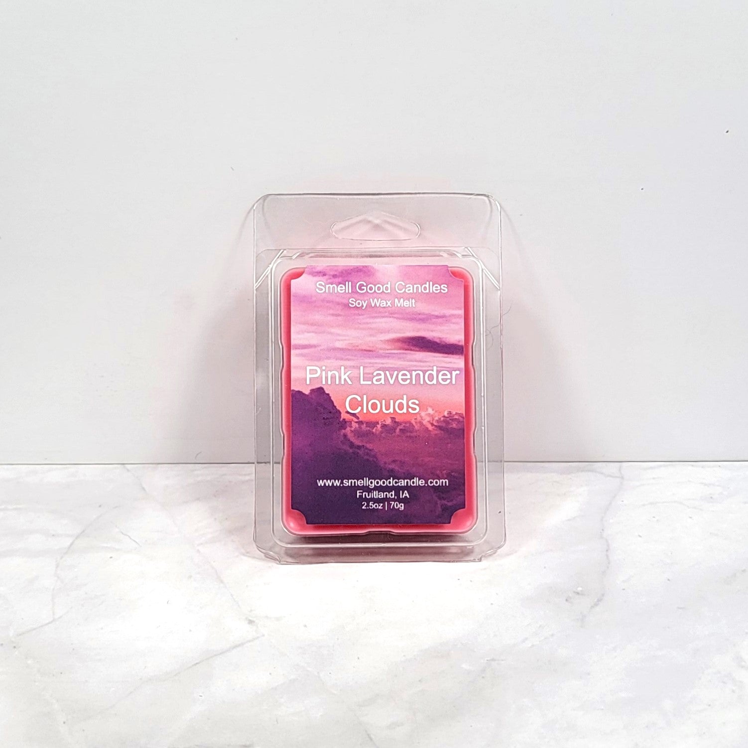 Pink Lavender Clouds wax melt with floral and fruity notes of lavender and raspberries