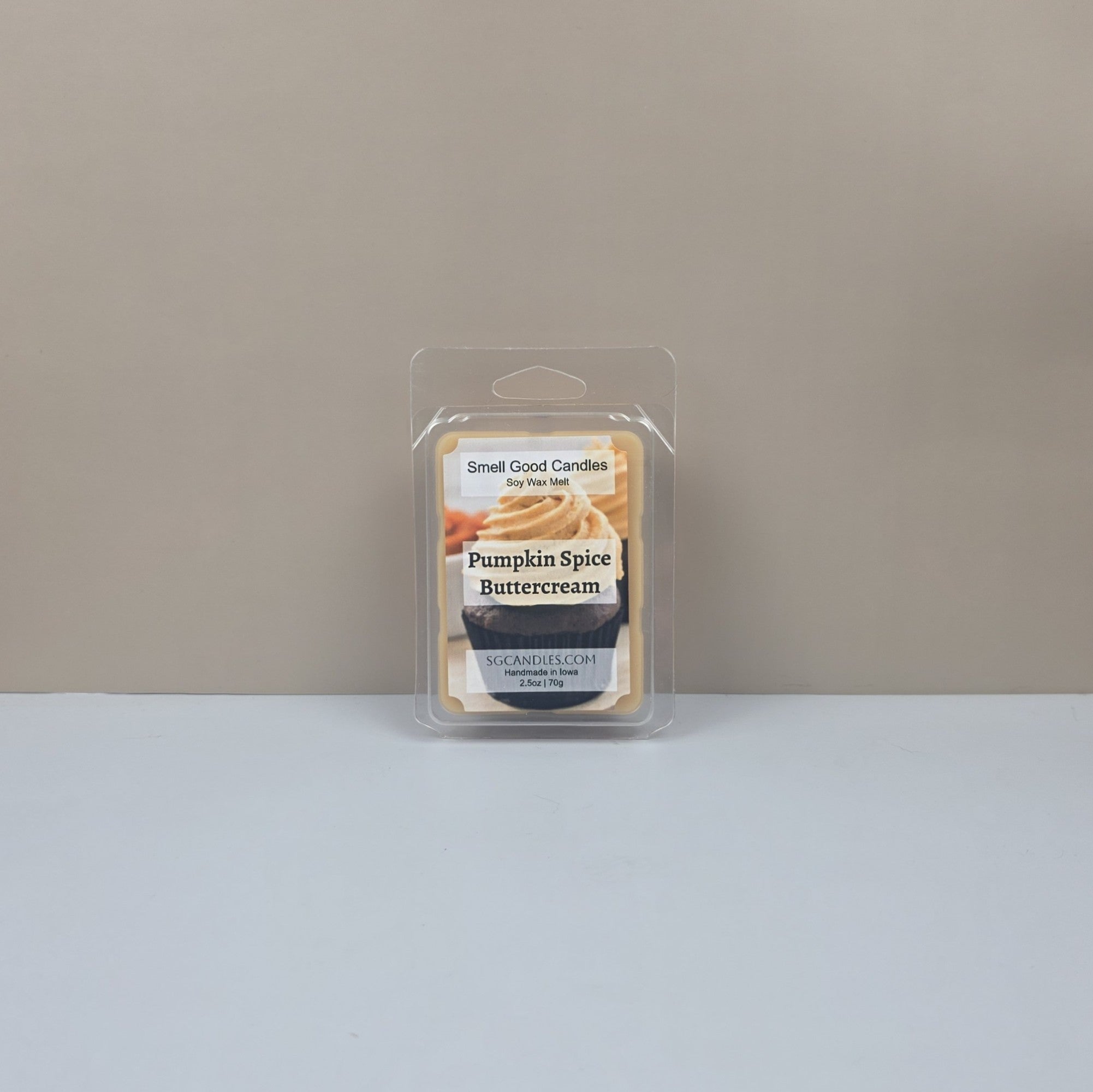 Pumpkin Spice Buttercream candle wax melt package on a neutral background