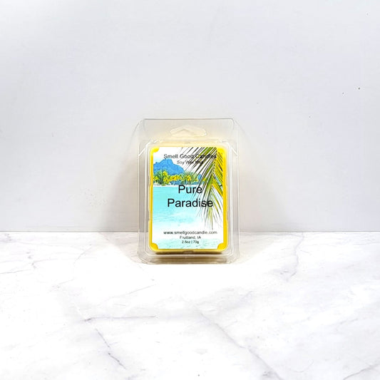 Wax melt container labeled 'Pure Paradise' on a white background