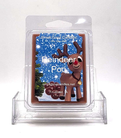 Reindeer Poo Soy Wax Melt with apples, pears, pine, eucalyptus, and vanilla fragrance notes