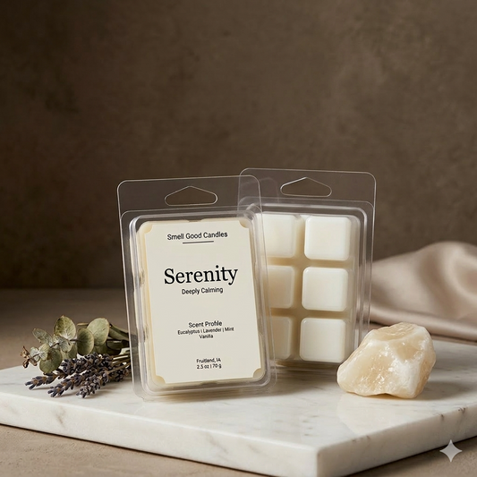 A professional lifestyle product photograph of "Serenity" soy wax melts by Smell Good Candles, featuring a minimalist white label with eucalyptus, lavender, and mint scent notes. The clear plastic clamshell packaging is displayed both front-facing and from the back to show the six white wax cubes, set on a white marble slab with decorative lavender sprigs and a natural stone against a warm, moody beige background.