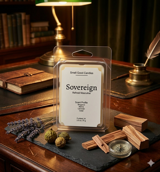 Sovereign Refined Masculine luxury wax melt by Smell Good Candles, featuring notes of Bergamot, Marine, Lavender, and Cedar, styled in a vintage mahogany study with a green banker’s lamp and raw cedar wood.