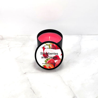 Strawberries & Cream 4oz Soy Candle with sweet strawberry, citrus, vanilla, and cream fragrance notes