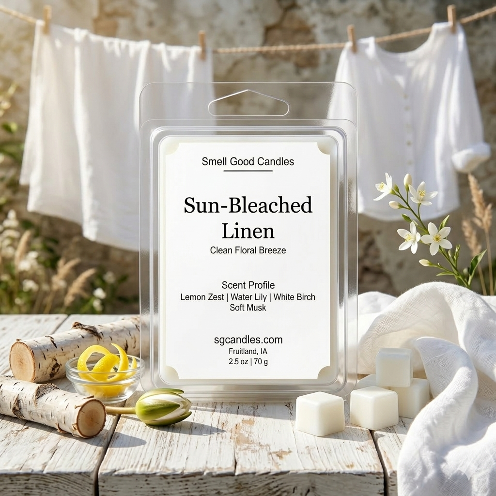 Smell Good Candles "Sun-Bleached Linen" artisan wax melt in a clear 2.5 oz clamshell, featured on a weathered white wooden surface. The scene includes pure white wax cubes, fresh lemon zest in a small glass bowl, and white birch logs to represent the scent profile of Lemon Zest, Water Lily, White Birch, and Soft Musk. In the blurred background, clean white linens hang from a natural jute clothesline under bright, direct morning sunlight.