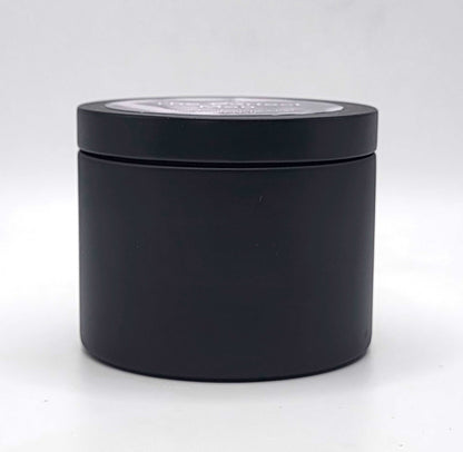The Perfect Man 4oz Soy Candle in black candle tin showing side profile