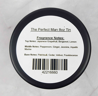 The Perfect Man 8oz Soy Candle showing hand-poured soy wax and product information label