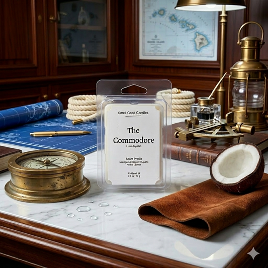 The Commodore Luxe Aquatic wax melt by Smell Good Candles, featuring scent notes of Mahogany, Coconut, Aquatic, Herbal, and Suede, on a white marble and dark wood desk with a vintage brass compass.