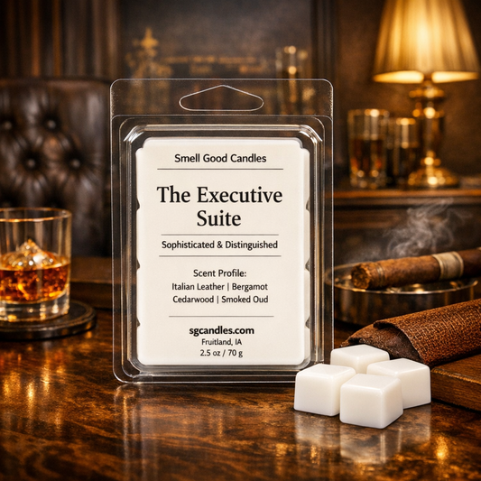 Luxury white soy wax melts in clamshell packaging labeled “The Executive Suite” by Smell Good Candles, displayed on a rich wood desk with white wax melt cubes, leather, and warm executive office décor.