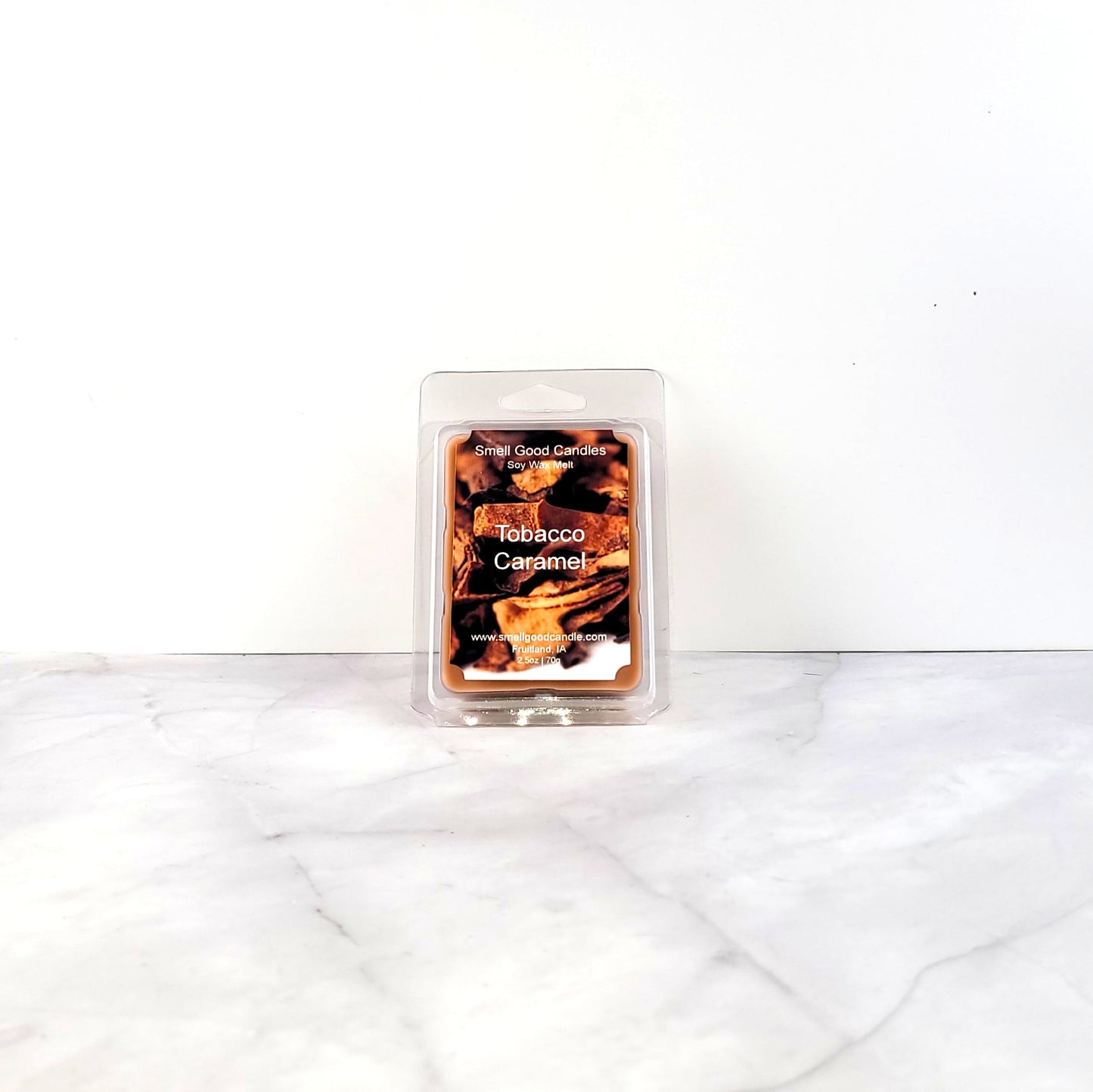Tobacco Caramel soy wax melt with earthy patchouli and vanilla