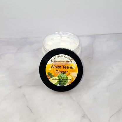 White Tea & Ginger Whipped Body Lotion inspired by Bath & Body Works with citrus, ginger, and sandalwood for deep hydration and a fresh, warm scent.
