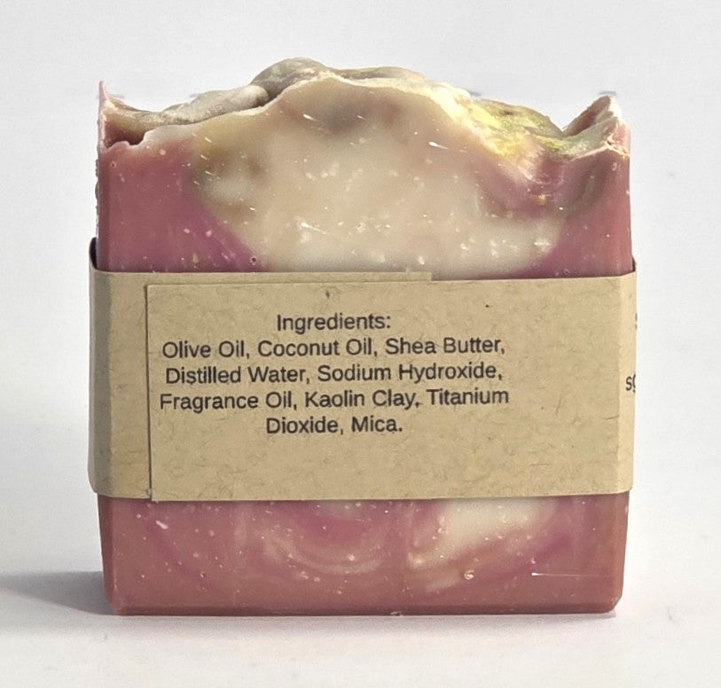 Ingredient list label on the back of a handmade Winter Mittens artisan soap bar featuring nourishing olive oil, shea butter, and coconut oil.