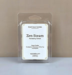 Zen Steam luxury wax melt by Smell Good Candles, featuring a revitalizing herbal scent with Eucalyptus, Rosemary, White Tea, and Lemongrass.