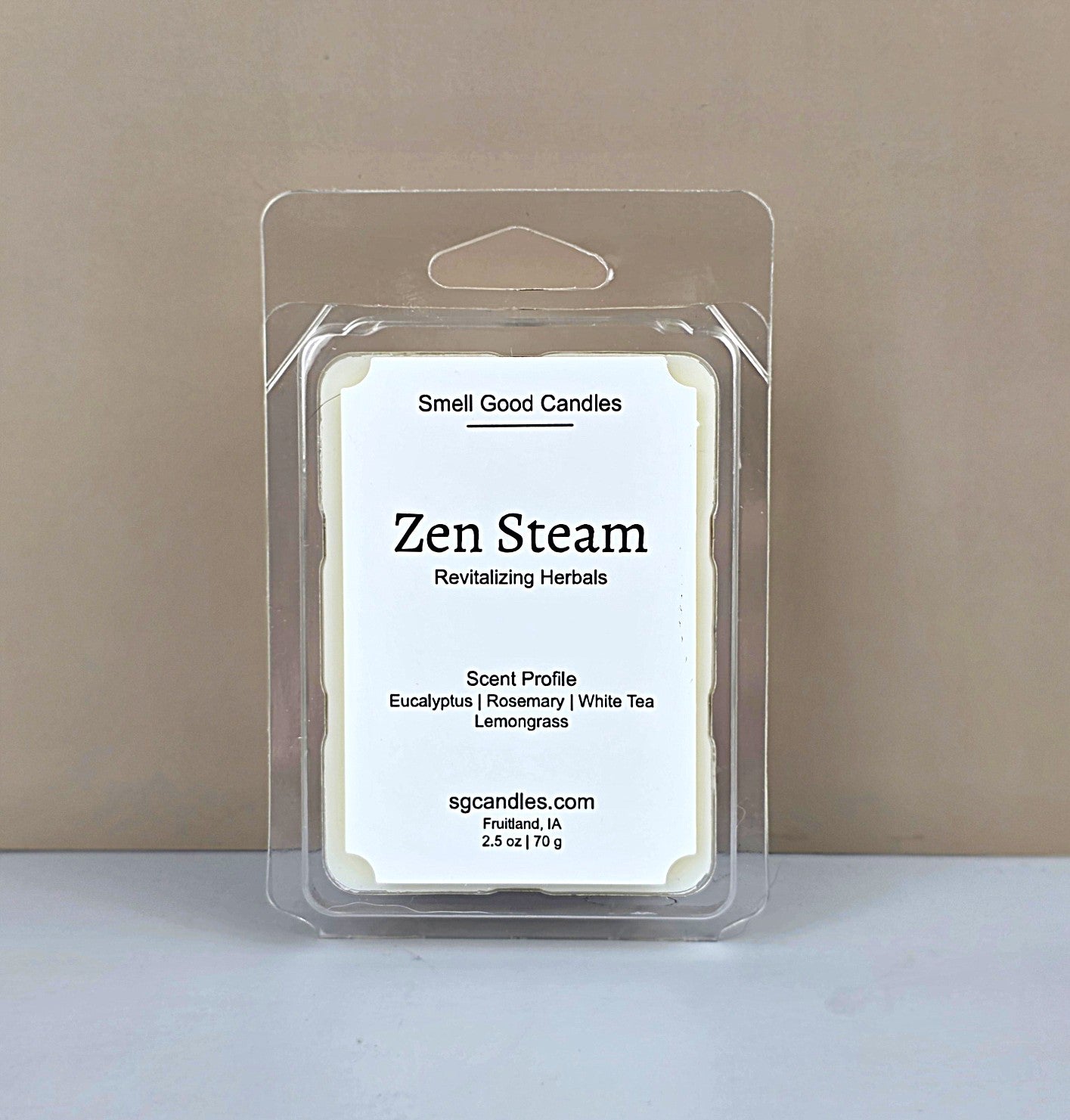Zen Steam luxury wax melt by Smell Good Candles, featuring a revitalizing herbal scent with Eucalyptus, Rosemary, White Tea, and Lemongrass.