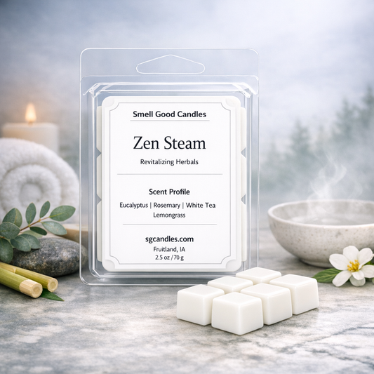 Zen Steam white soy wax melts by Smell Good Candles in clear clamshell packaging with pure white wax melt cubes on a clean spa‑style background.