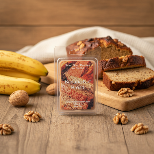 Banana Nut Bread Soy Wax Melt with banana, toasted nut, vanilla, and bakery fragrance displayed with fresh baked banana bread