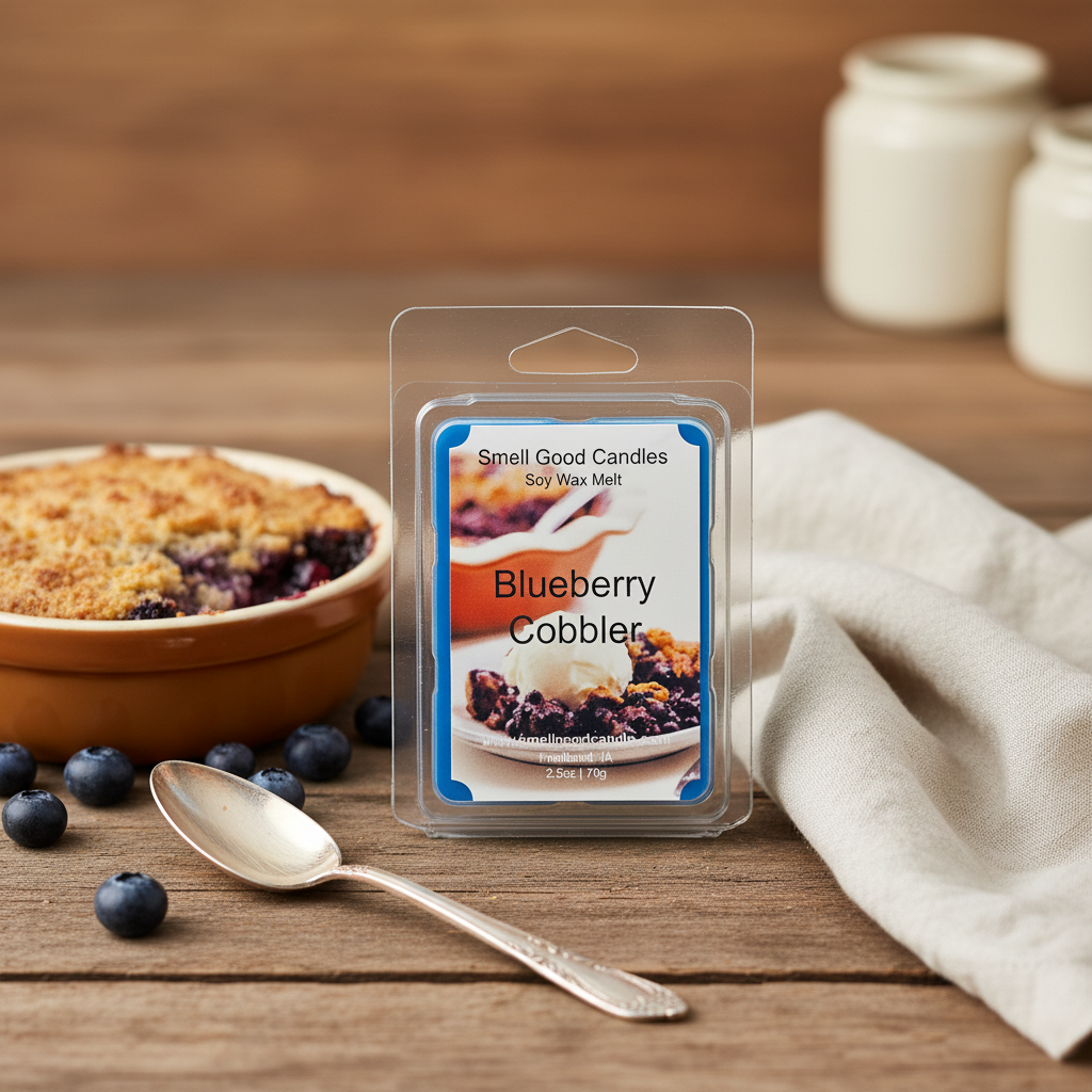 Blueberry Cobbler soy wax melts by Smell Good Candles styled in a cozy baking scene with fresh blueberries and rustic cobbler dish.