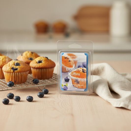 Blueberry Muffins soy wax melts by Smell Good Candles styled in a cozy bakery setting