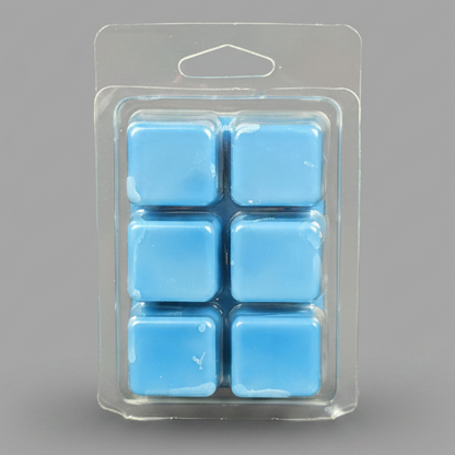 Blueberry scented soy wax melt cubes in clear clamshell packaging by Smell Good Candles