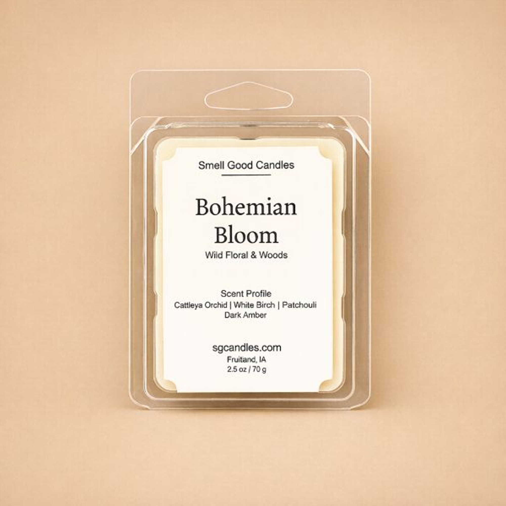 Clear 6-cavity clamshell packaging showcasing dark gray, hand-poured soy wax melt cubes.