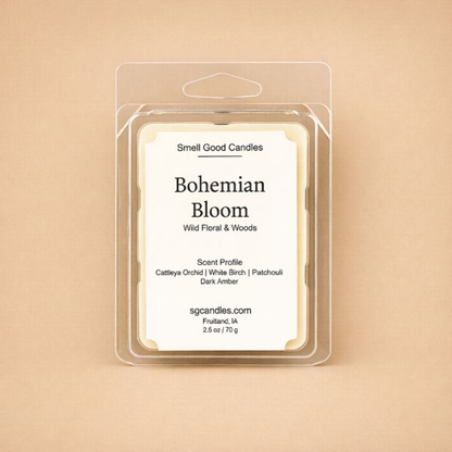 Clear 6-cavity clamshell packaging showcasing dark gray, hand-poured soy wax melt cubes.