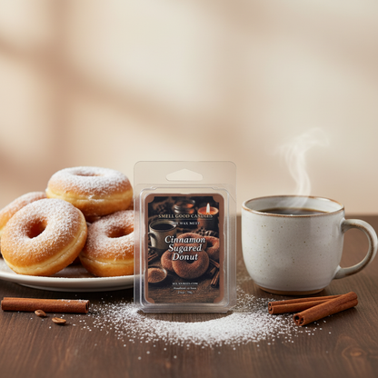 Cinnamon Sugared Donut soy wax melts by Smell Good Candles styled in a cozy morning scene with fresh donuts, coffee, and cinnamon sticks