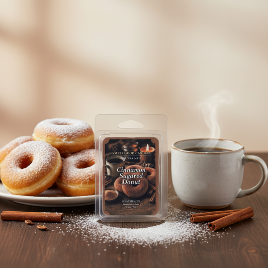 Cinnamon Sugared Donut soy wax melts by Smell Good Candles styled in a cozy morning scene with fresh donuts, coffee, and cinnamon sticks