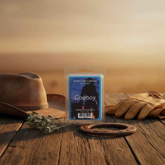 Cowboy Soy Wax Melt with citrus, bergamot, sea salt, amber, and cedarwood fragrance displayed with cowboy hat, gloves, and horseshoe
