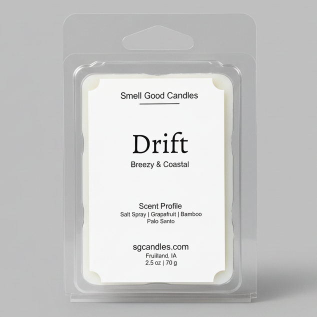 Drift soy wax melt front label, coastal scented wax melt by Smell Good Candles