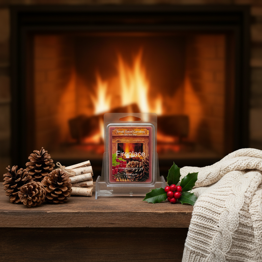 Fireplace soy wax melt with crackling fire and rustic cabin decor, cozy woodsy home fragrance by Smell Good Candles