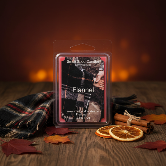 Flannel soy wax melt with autumn decor, cozy woodsy fall fragrance by Smell Good Candles