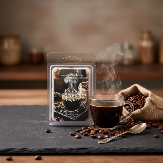 Fresh Brewed Coffee soy wax melts by Smell Good Candles styled in a cozy coffeehouse scene with steaming coffee mug and roasted coffee beans