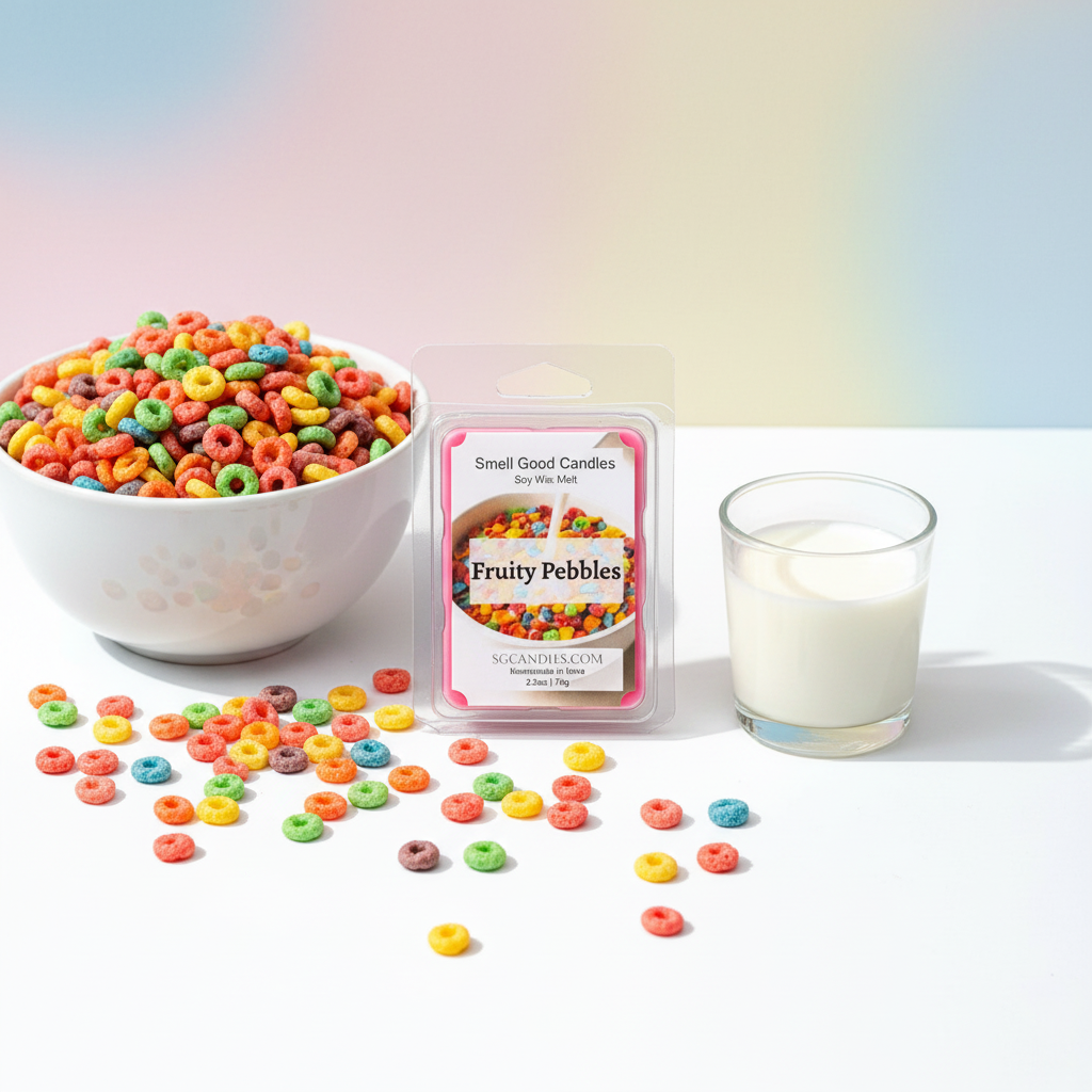 Fruity Pebbles Soy Wax Melt with colorful cereal-inspired fragrance displayed alongside cereal and milk