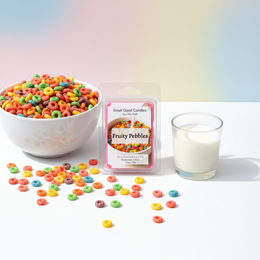 Fruity Pebbles Soy Wax Melt with colorful cereal-inspired fragrance displayed alongside cereal and milk