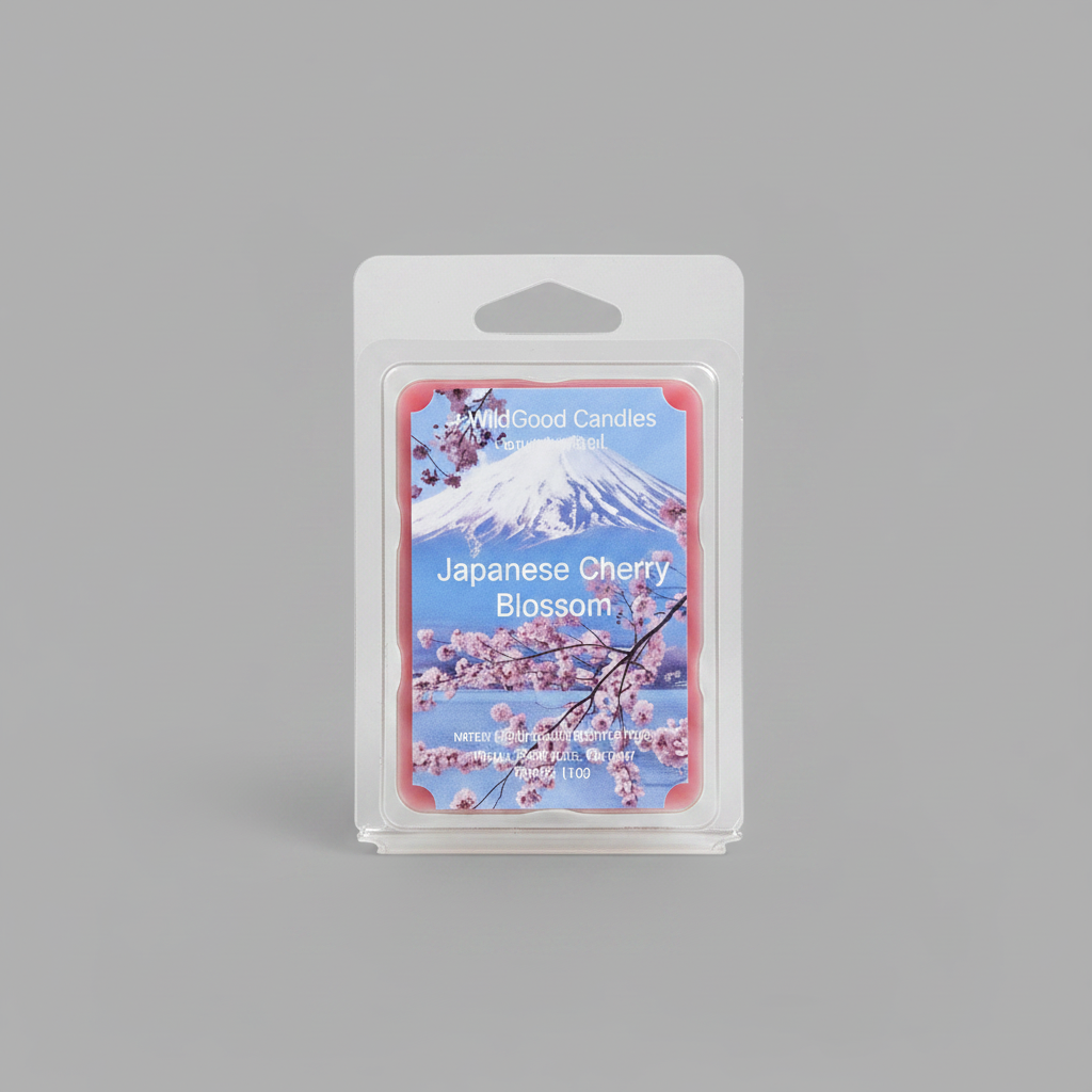 Japanese Cherry Blossom Soy Wax Melt with cherry blossom, mimosa, vanilla, tonka bean, and warm wood fragrance notes