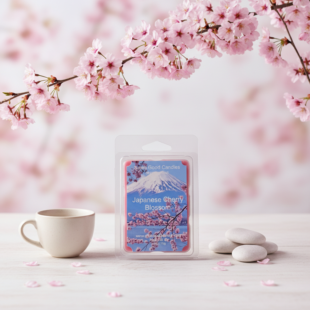 Japanese Cherry Blossom Soy Wax Melt with cherry blossom, floral, vanilla, and warm wood fragrance displayed in an elegant floral setting