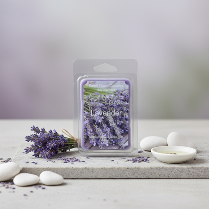 Lavender soy wax melt with lavender flowers and spa decor, relaxing home fragrance by Smell Good Candles