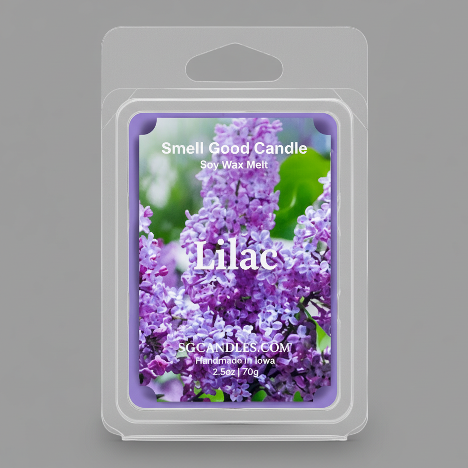 Lilac soy wax melt front label, floral scented wax melt by Smell Good Candles