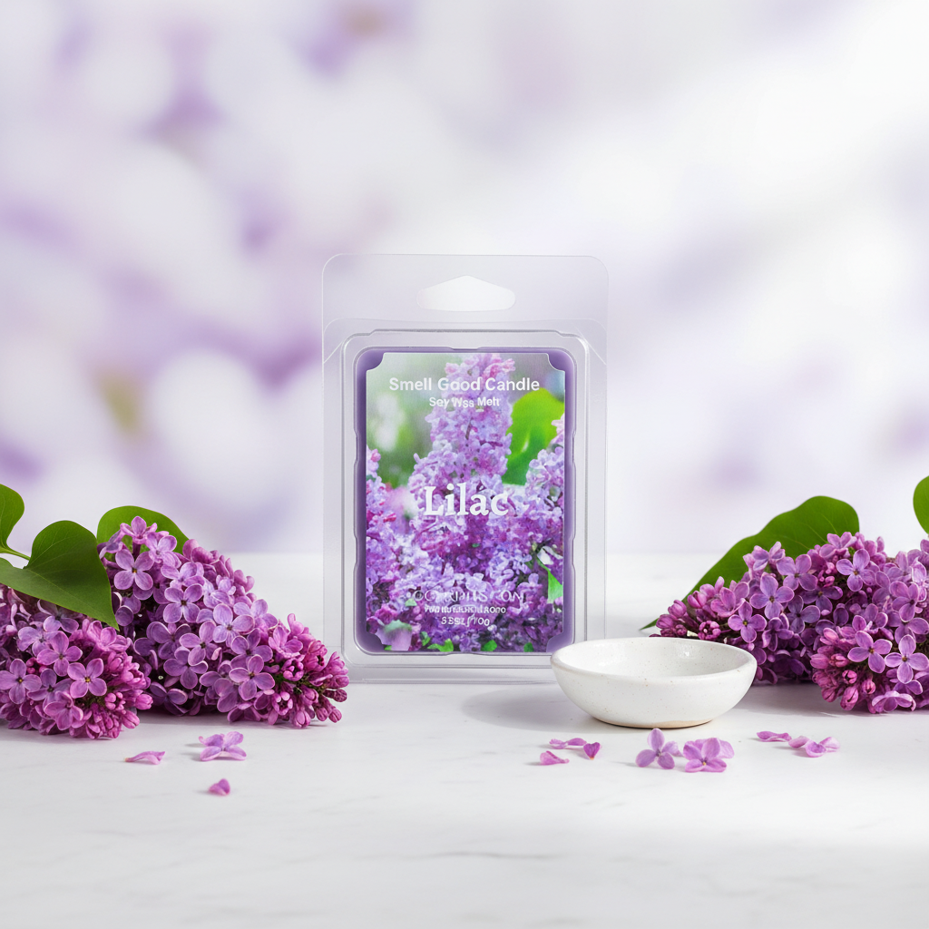 Lilac soy wax melt with blooming lilac flowers, floral wax melt home fragrance by Smell Good Candles