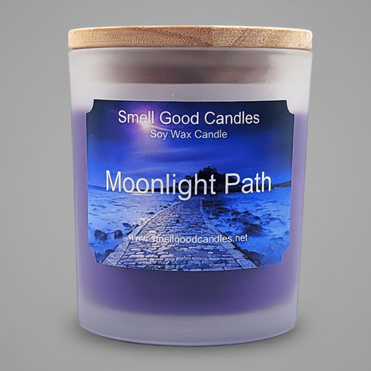 Smell Good Candles Moonlight Path 10oz scented soy wax candle in frosted glass jar with bamboo lid, handmade in Iowa