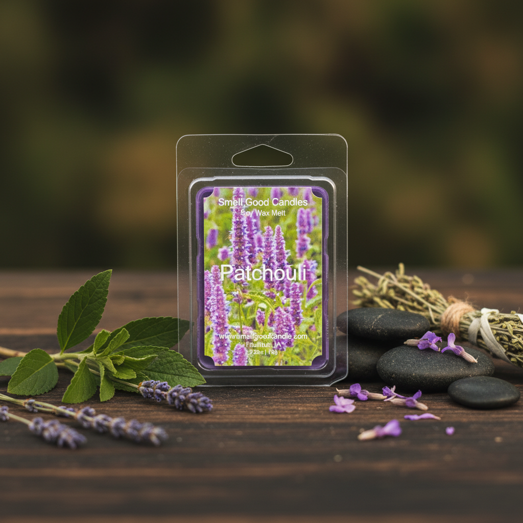 Patchouli Soy Wax Melt with patchouli, amber, musk, and earthy fragrance displayed in a natural relaxing setting