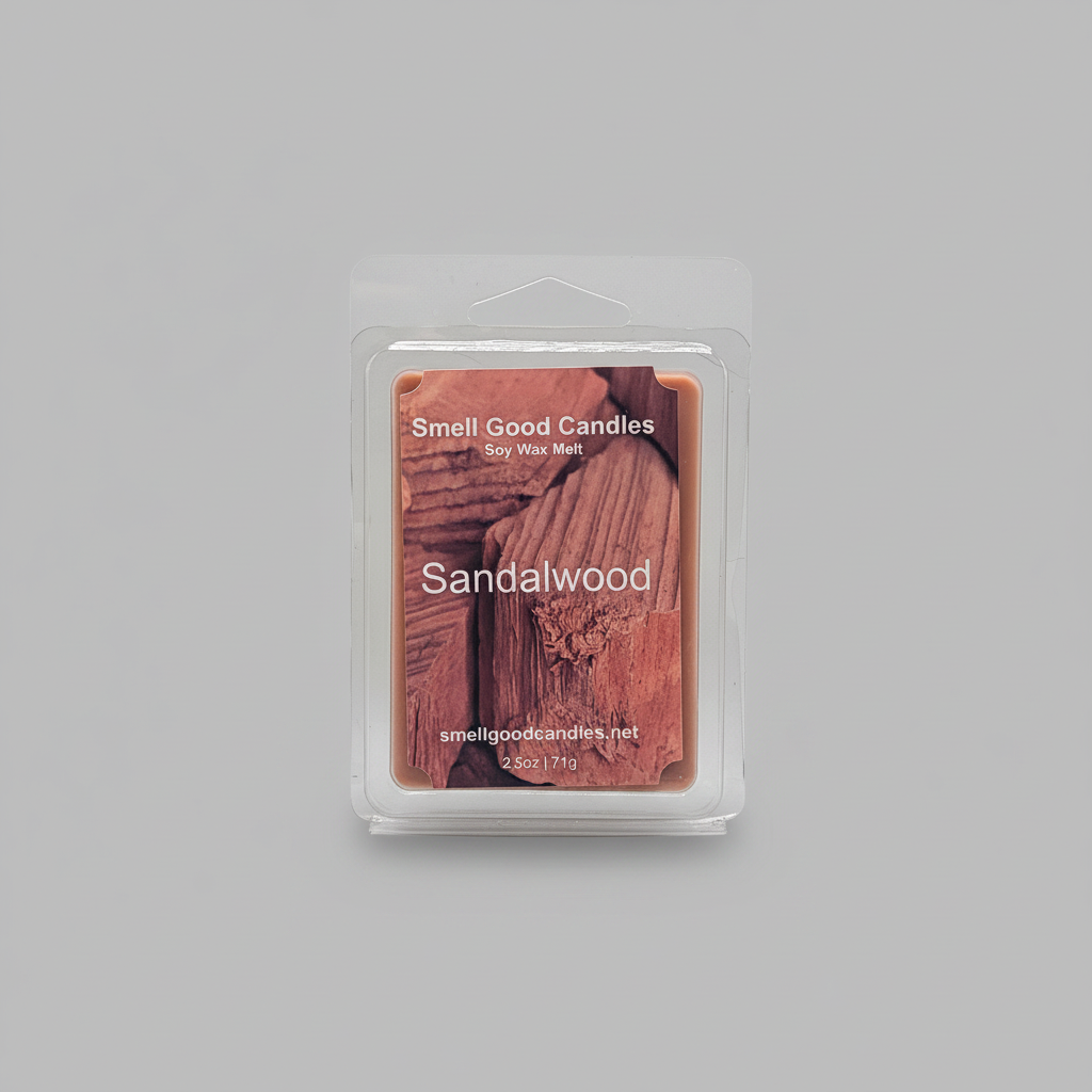Sandalwood soy wax melt front label, scented wax melt for home fragrance by Smell Good Candles