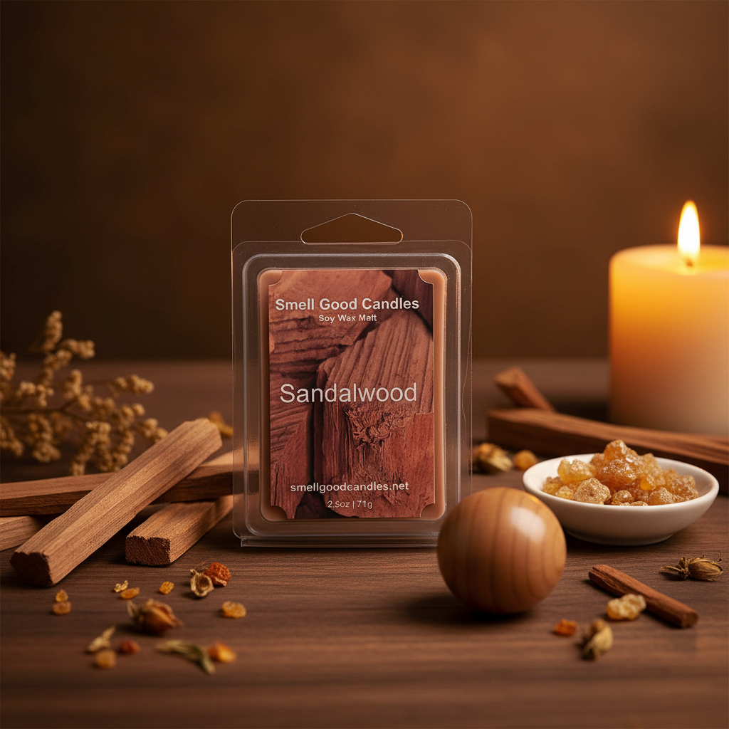 Sandalwood soy wax melt with warm wood fragrance notes, home fragrance wax melt by Smell Good Candles