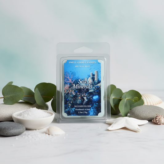 Sea Minerals Soy Wax Melt with ozone, sea salt, eucalyptus, and coastal fragrance displayed in a spa-inspired setting