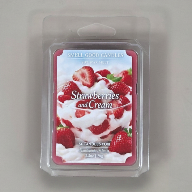 Strawberries and Cream Soy Wax Melt front label by Smell Good Candles with fresh strawberry and cream fragrance