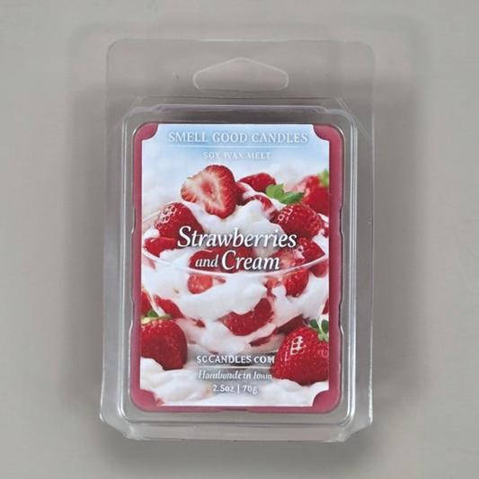 Strawberries and Cream Soy Wax Melt front label by Smell Good Candles with fresh strawberry and cream fragrance